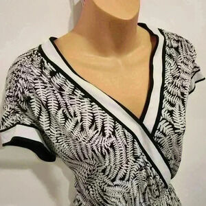 Michael Kors Fit & Flare Faux Wrap Black White Fern Pattern Cap Sleeve Dress